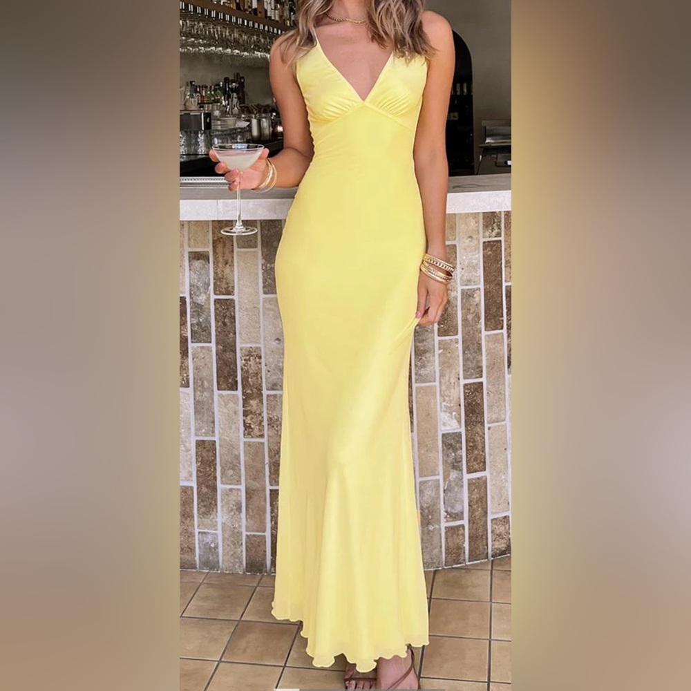 Beginning Boutique Yellow Plunge Bodycon Midi Dress